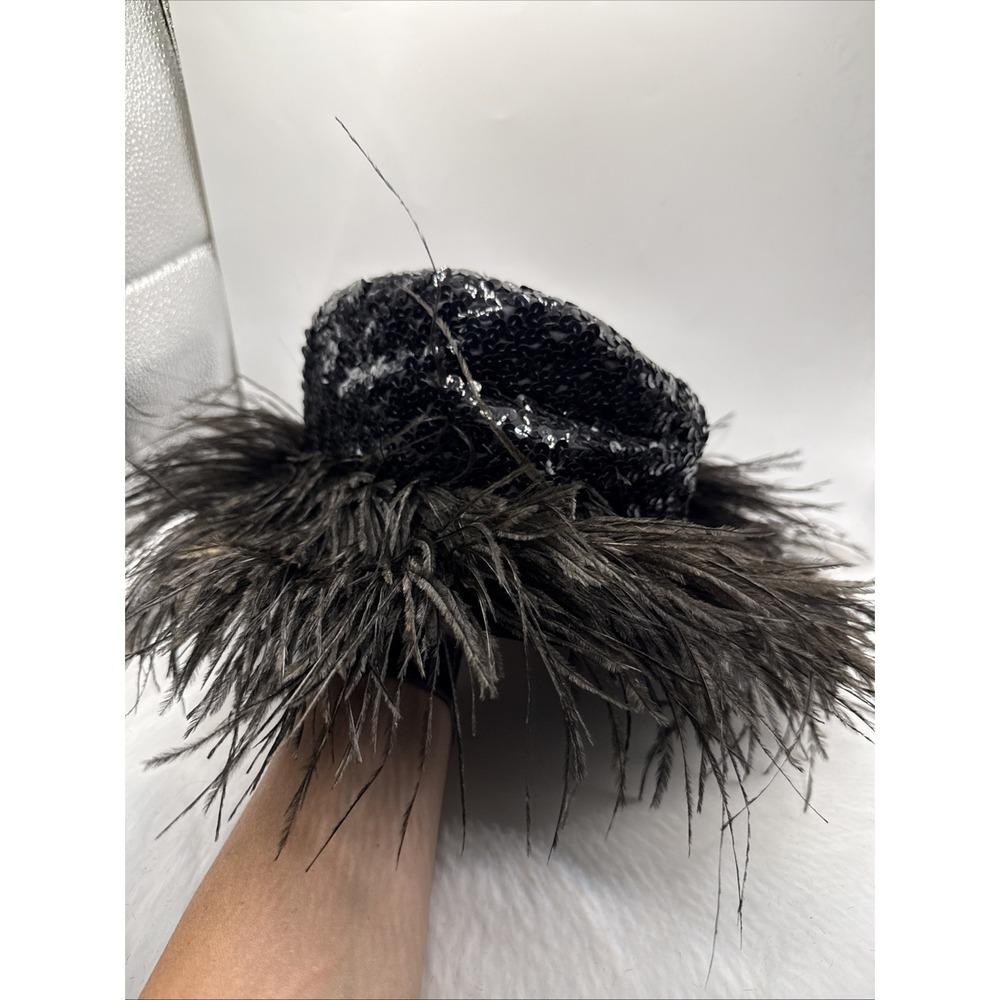 Vintage 1950s Henry Margu Original Hat Ostrich Feathers Black Sequin Stunning - Picture 10 of 10
